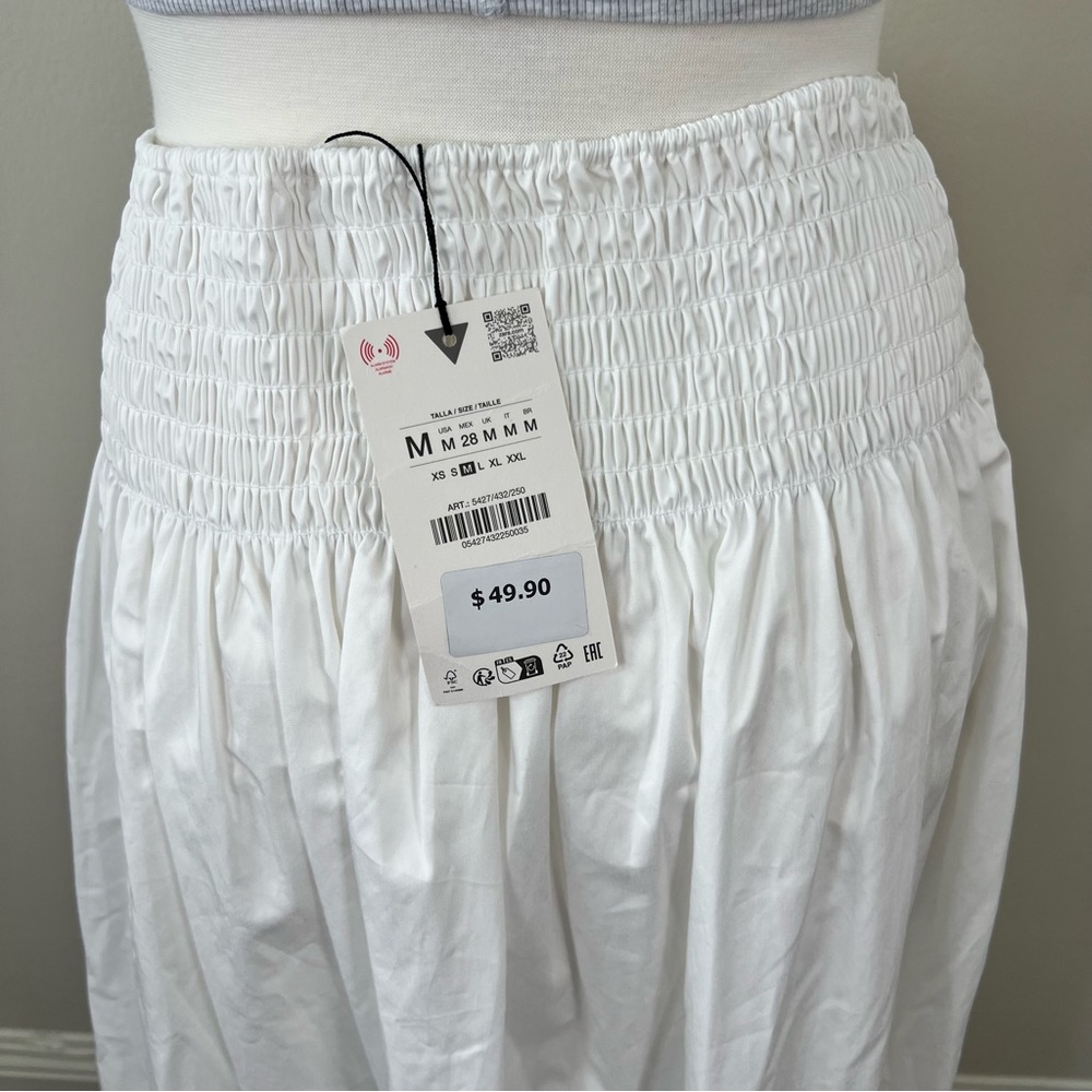 ZARA White Smocked Maxi Skirt Cottagecore Pockets Elastic Waist Size M/L NWT - Picture 6 of 7